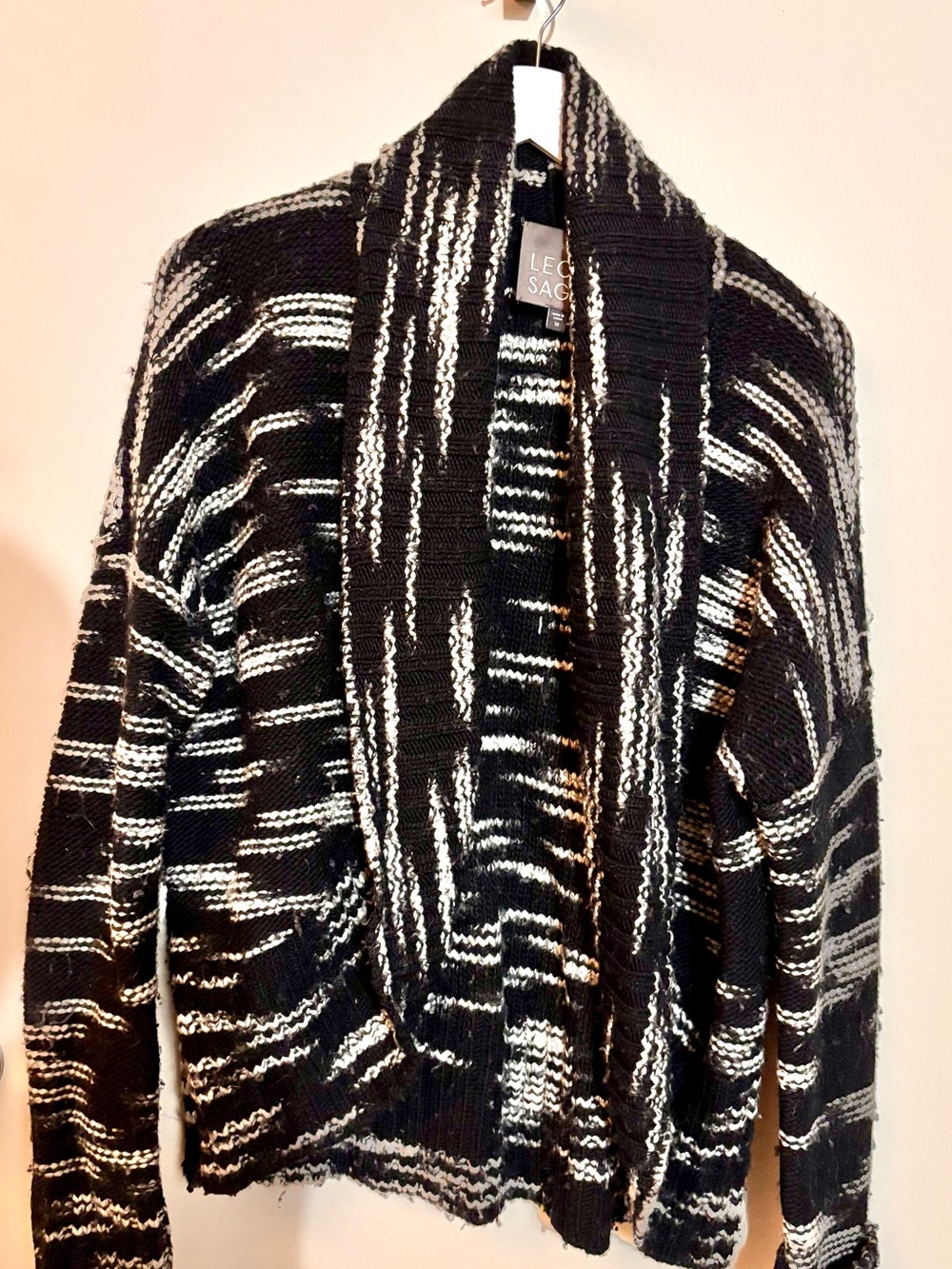 Leo & Sage Black and White Merino Wool Sweater, cardigan with shawl collar